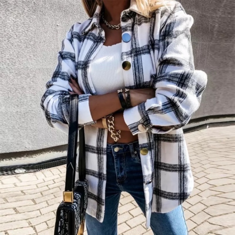 BLACK PLAID Black Plaid Flannel Oversized Shacket Shirt Jacket - Picture 4 of 7